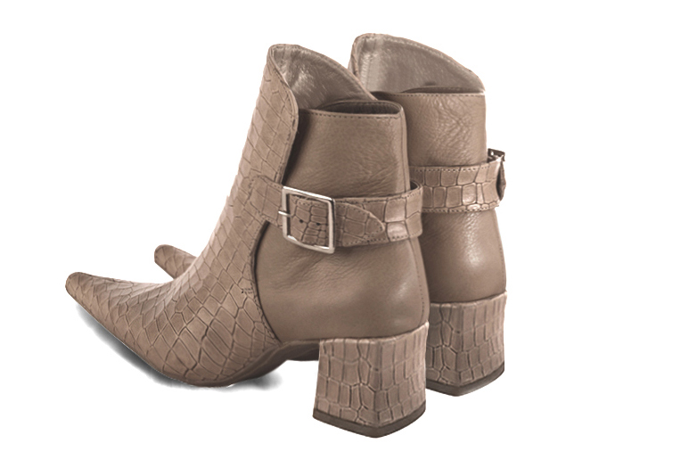 Bronze beige women's ankle boots with buckles at the back. Pointed toe. Medium block heels. Rear view - Florence KOOIJMAN